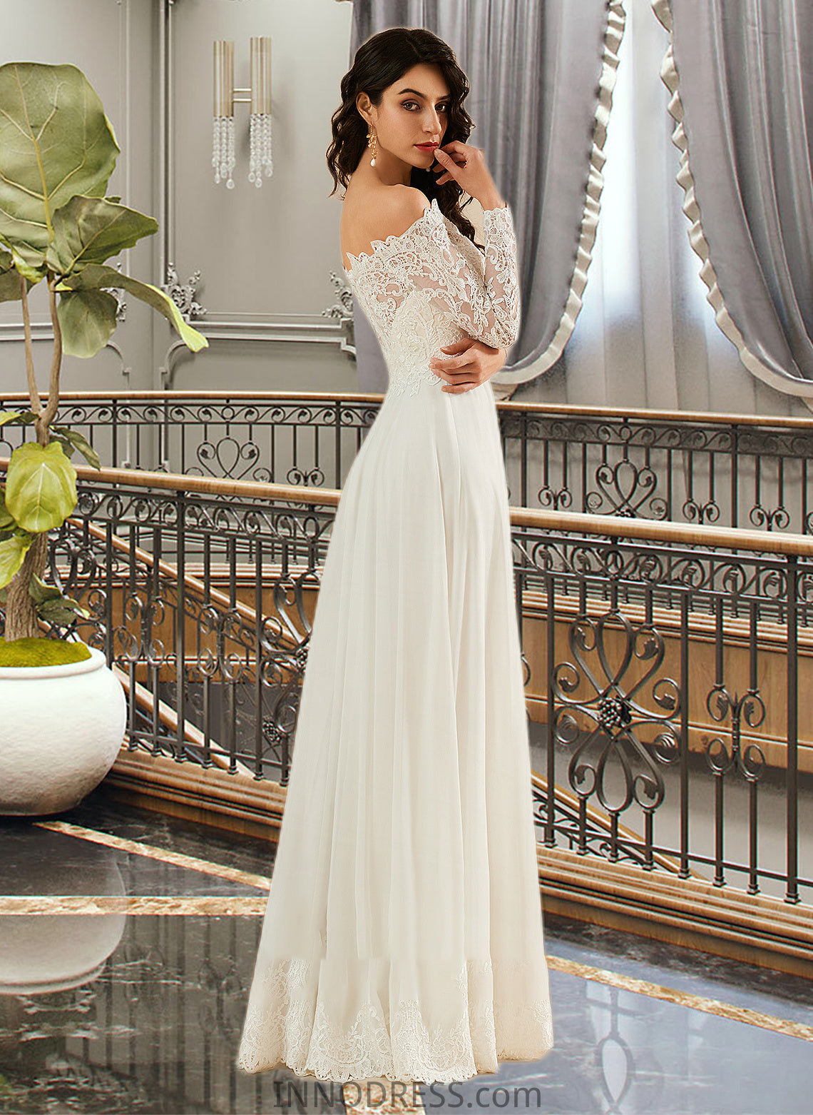 Nancy A-Line Off-the-Shoulder Sweep Train Wedding Dress With Lace DPP0013734