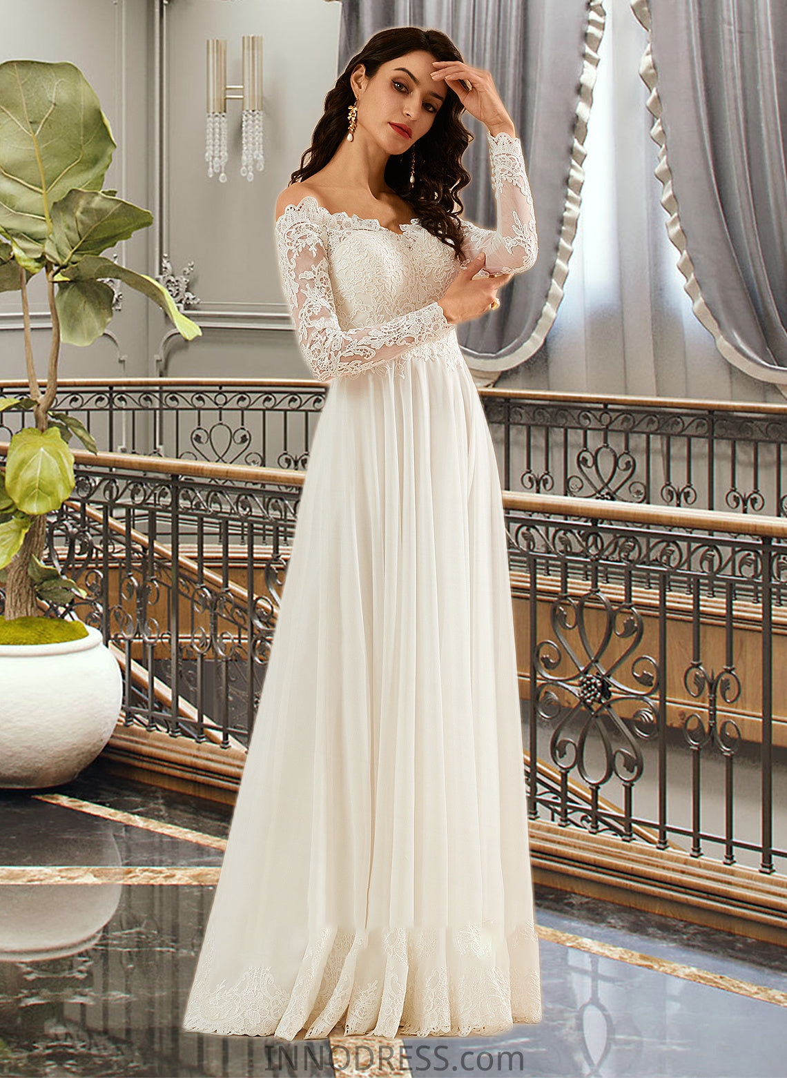 Nancy A-Line Off-the-Shoulder Sweep Train Wedding Dress With Lace DPP0013734