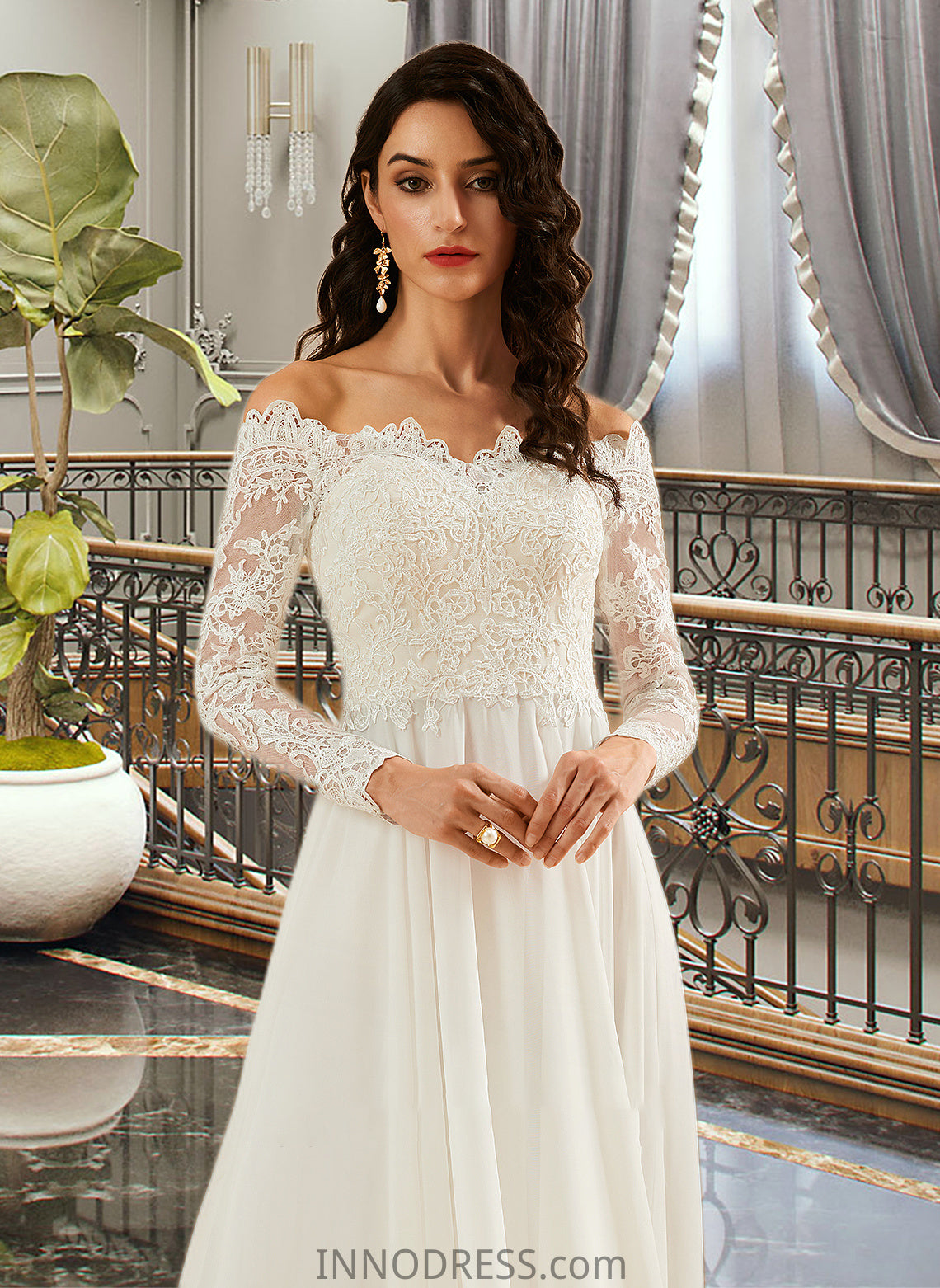 Nancy A-Line Off-the-Shoulder Sweep Train Wedding Dress With Lace DPP0013734