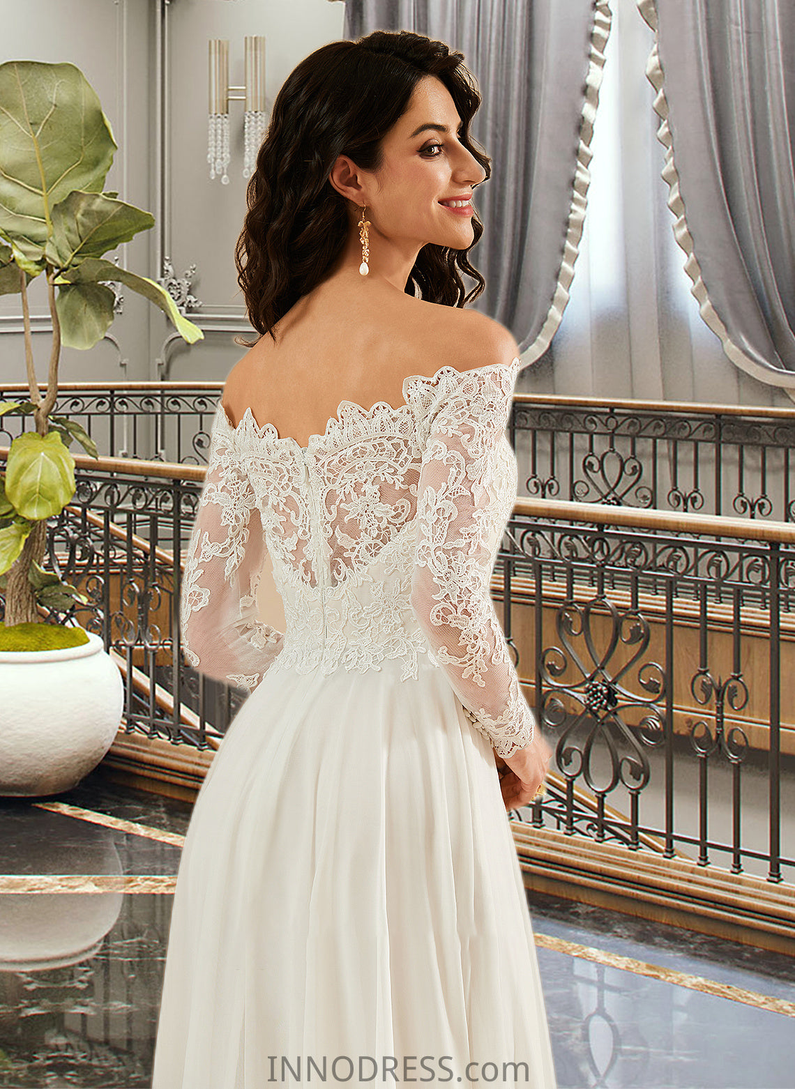 Nancy A-Line Off-the-Shoulder Sweep Train Wedding Dress With Lace DPP0013734