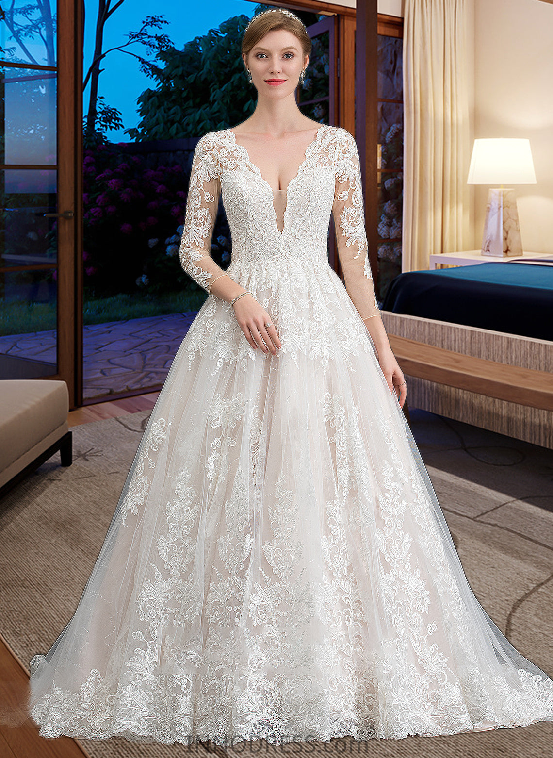 Elliana Ball-Gown/Princess V-neck Chapel Train Tulle Wedding Dress DPP0013735