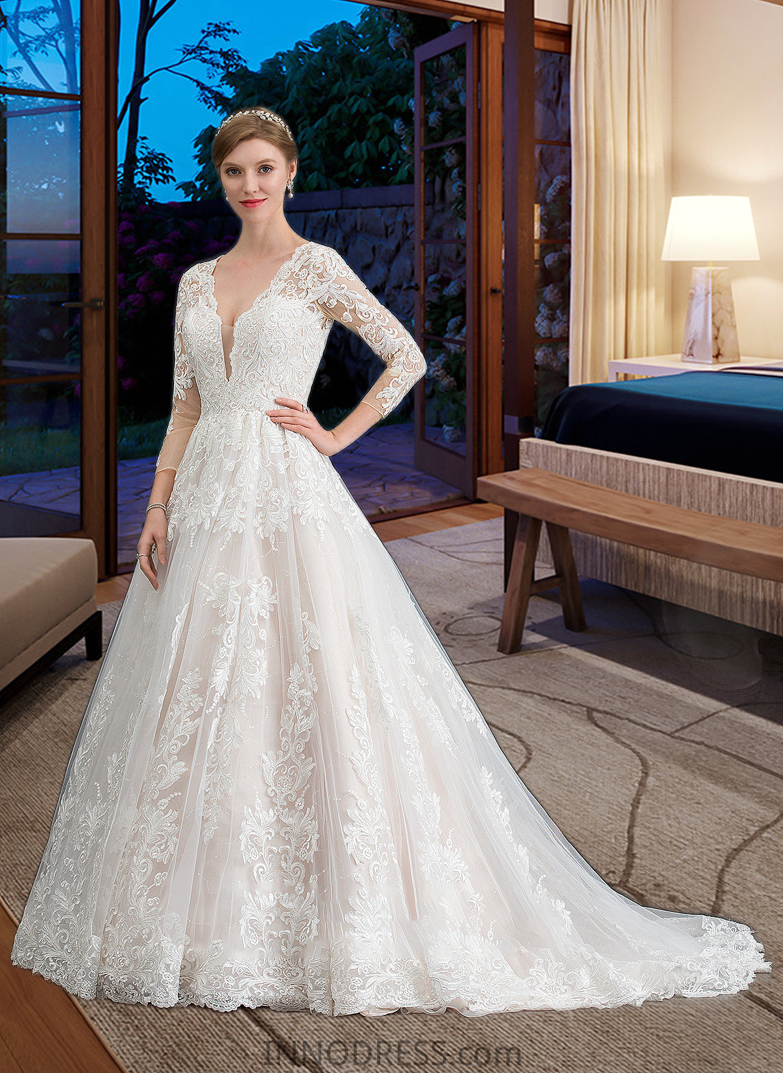 Elliana Ball-Gown/Princess V-neck Chapel Train Tulle Wedding Dress DPP0013735