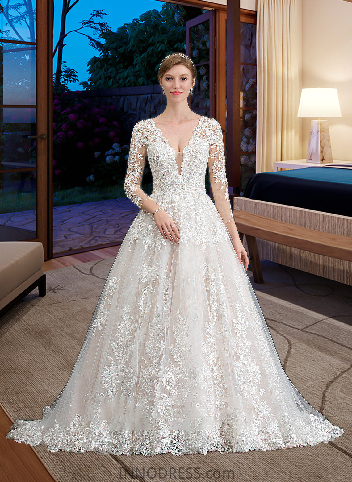 Elliana Ball-Gown/Princess V-neck Chapel Train Tulle Wedding Dress DPP0013735