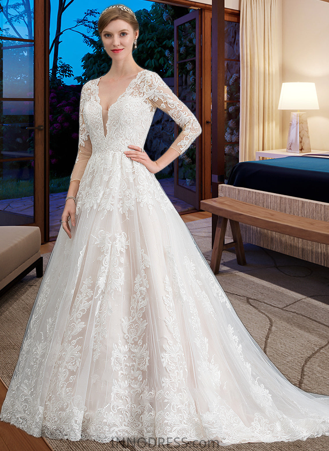 Elliana Ball-Gown/Princess V-neck Chapel Train Tulle Wedding Dress DPP0013735