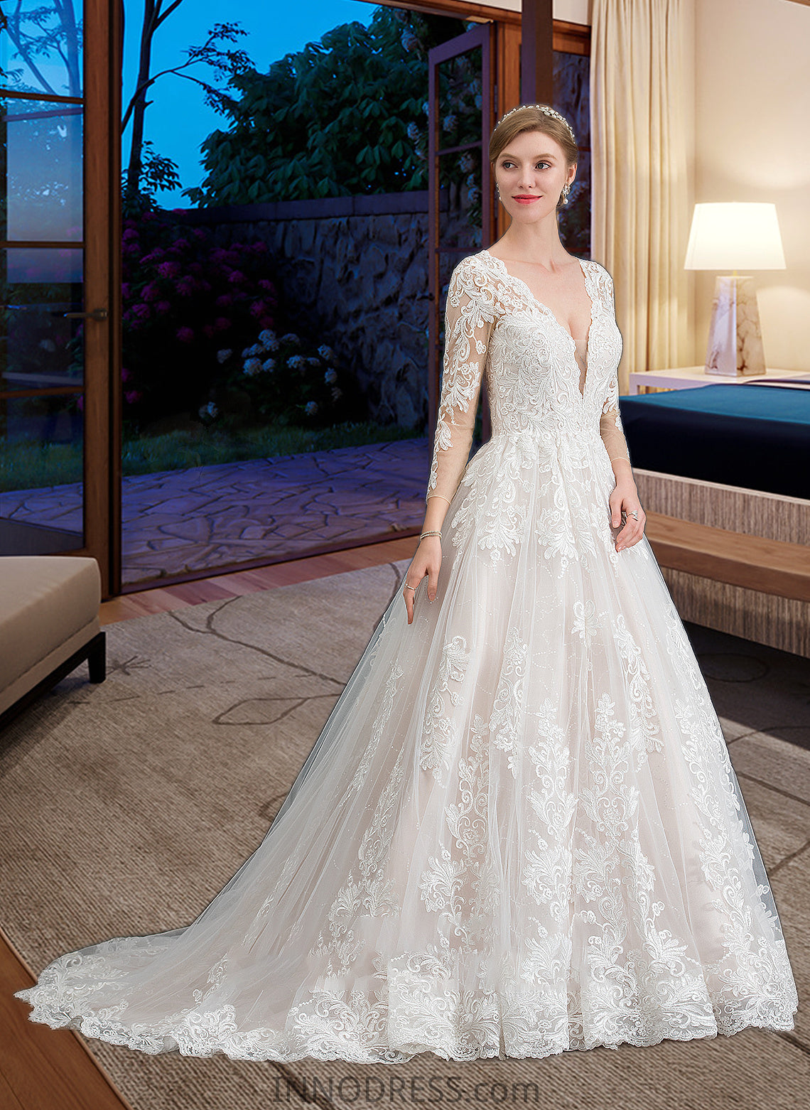 Elliana Ball-Gown/Princess V-neck Chapel Train Tulle Wedding Dress DPP0013735