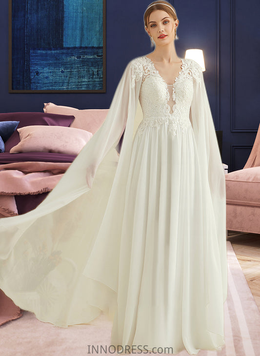 Sam A-Line V-neck Floor-Length Chiffon Lace Wedding Dress With Sequins DPP0013736