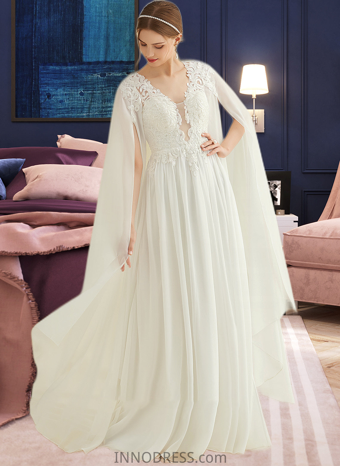 Sam A-Line V-neck Floor-Length Chiffon Lace Wedding Dress With Sequins DPP0013736