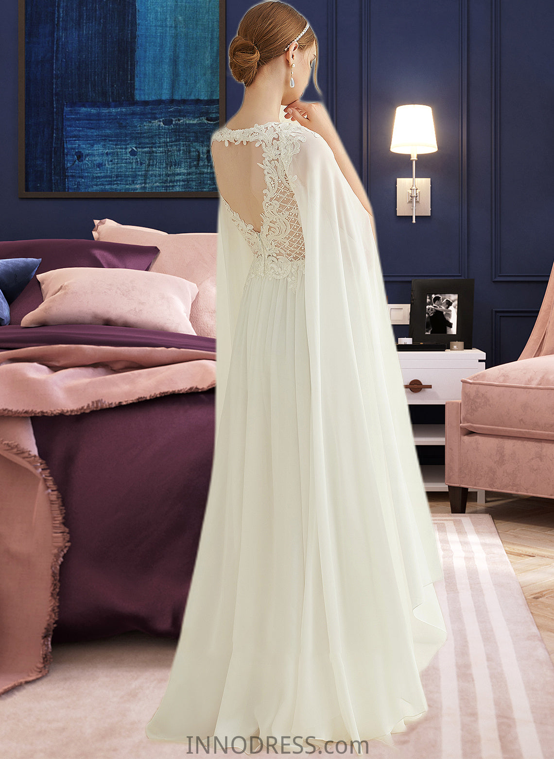 Sam A-Line V-neck Floor-Length Chiffon Lace Wedding Dress With Sequins DPP0013736