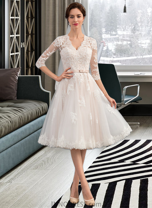 Kim A-Line V-neck Knee-Length Tulle Wedding Dress With Bow(s) DPP0013737