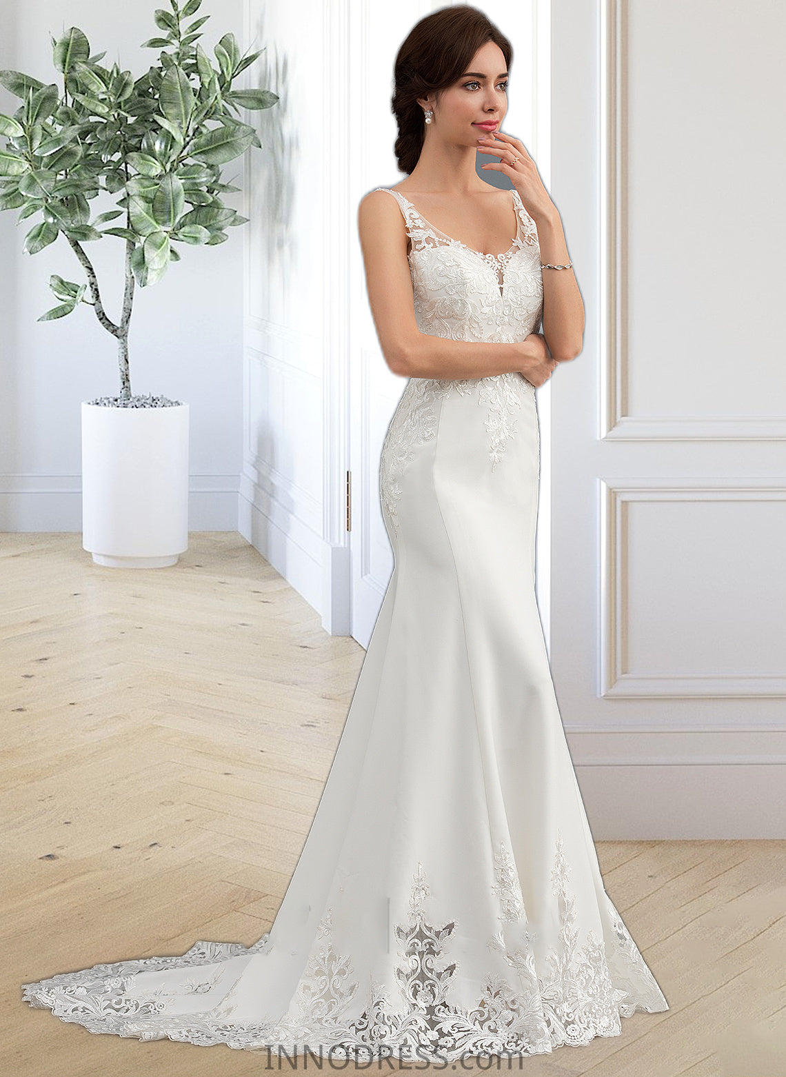 Joanna Trumpet/Mermaid V-neck Court Train Lace Stretch Crepe Wedding Dress With Sequins DPP0013738