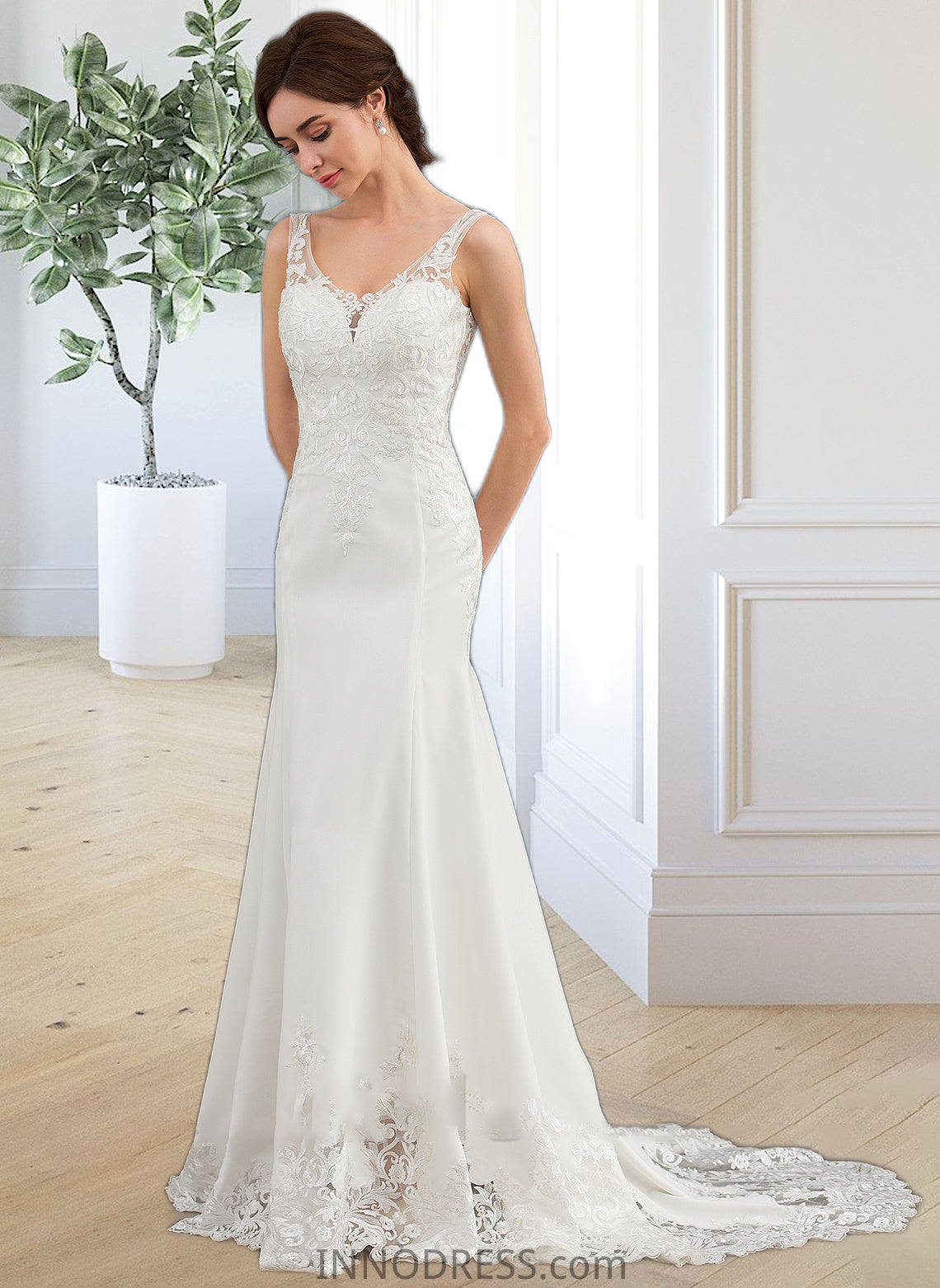 Joanna Trumpet/Mermaid V-neck Court Train Lace Stretch Crepe Wedding Dress With Sequins DPP0013738