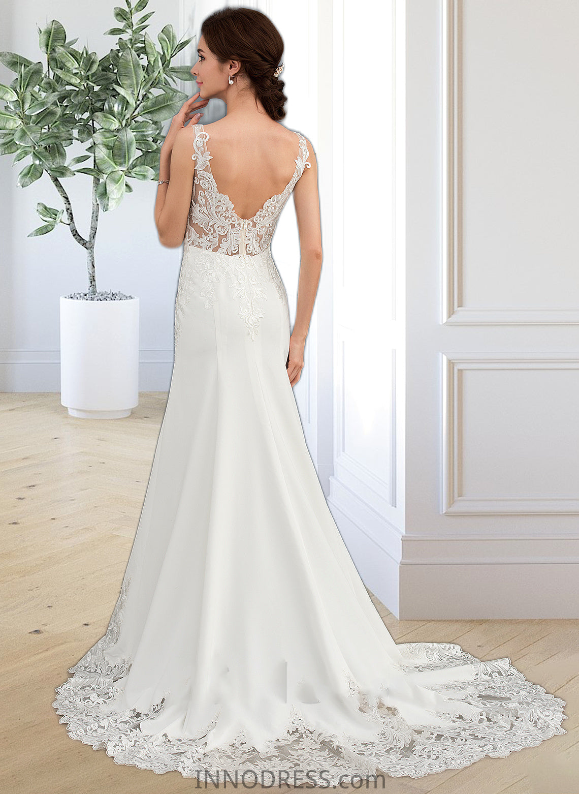 Joanna Trumpet/Mermaid V-neck Court Train Lace Stretch Crepe Wedding Dress With Sequins DPP0013738