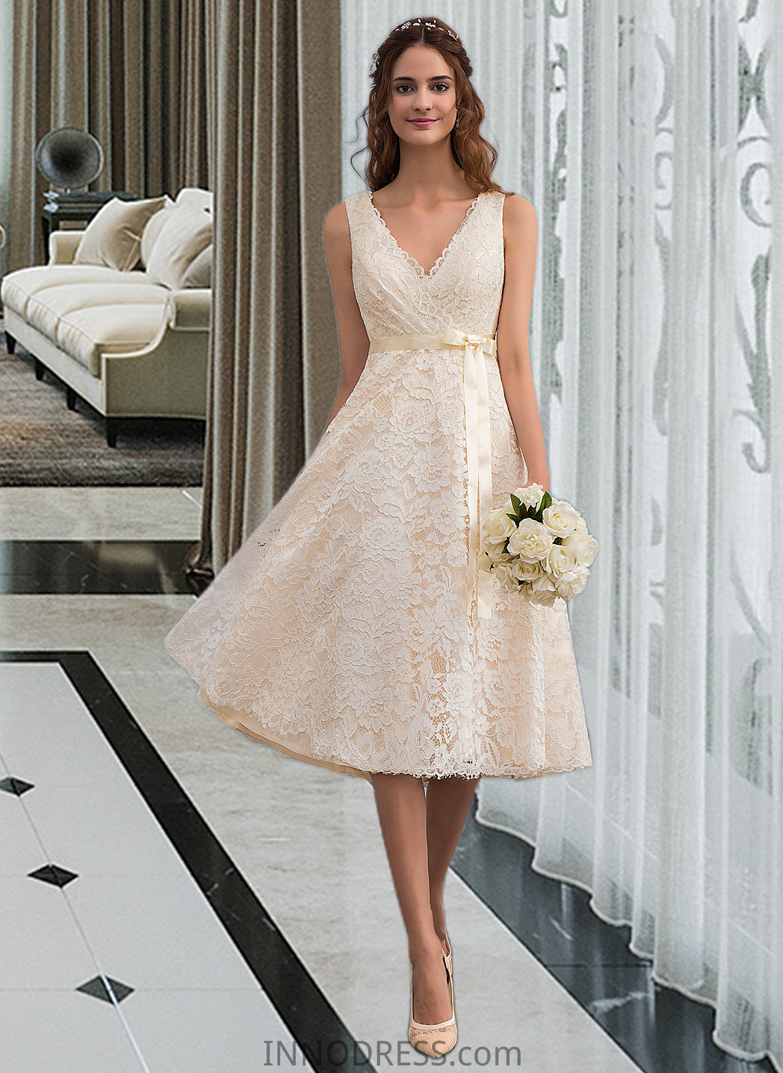 Breanna A-Line V-neck Knee-Length Lace Wedding Dress With Bow(s) DPP0013739