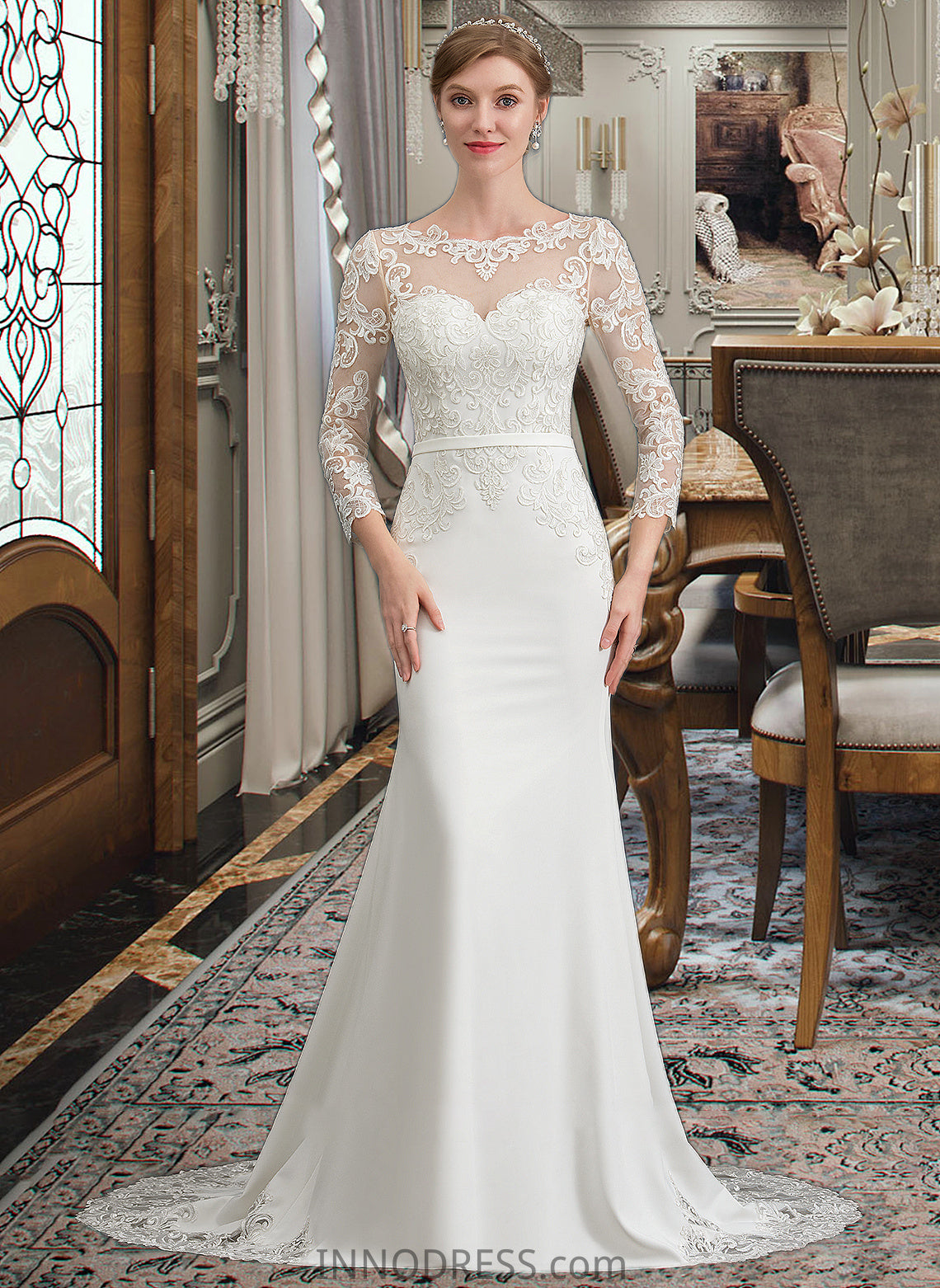 Catherine Trumpet/Mermaid Illusion Chapel Train Stretch Crepe Wedding Dress With Lace DPP0013740