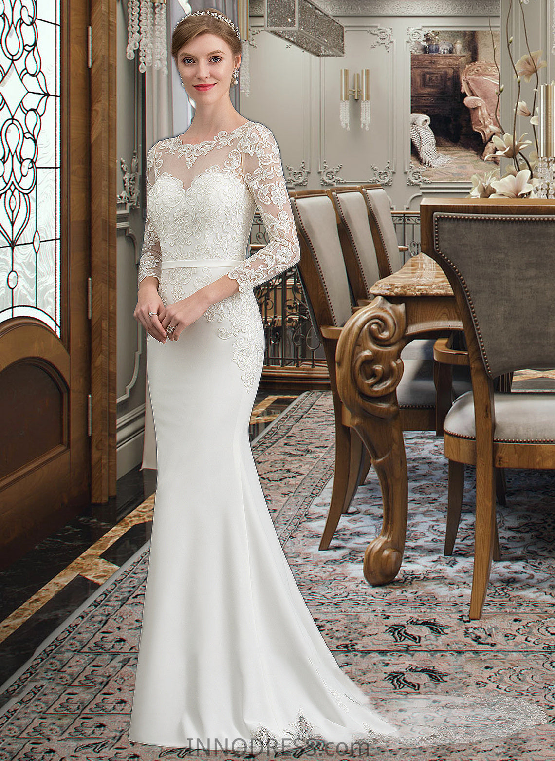 Catherine Trumpet/Mermaid Illusion Chapel Train Stretch Crepe Wedding Dress With Lace DPP0013740