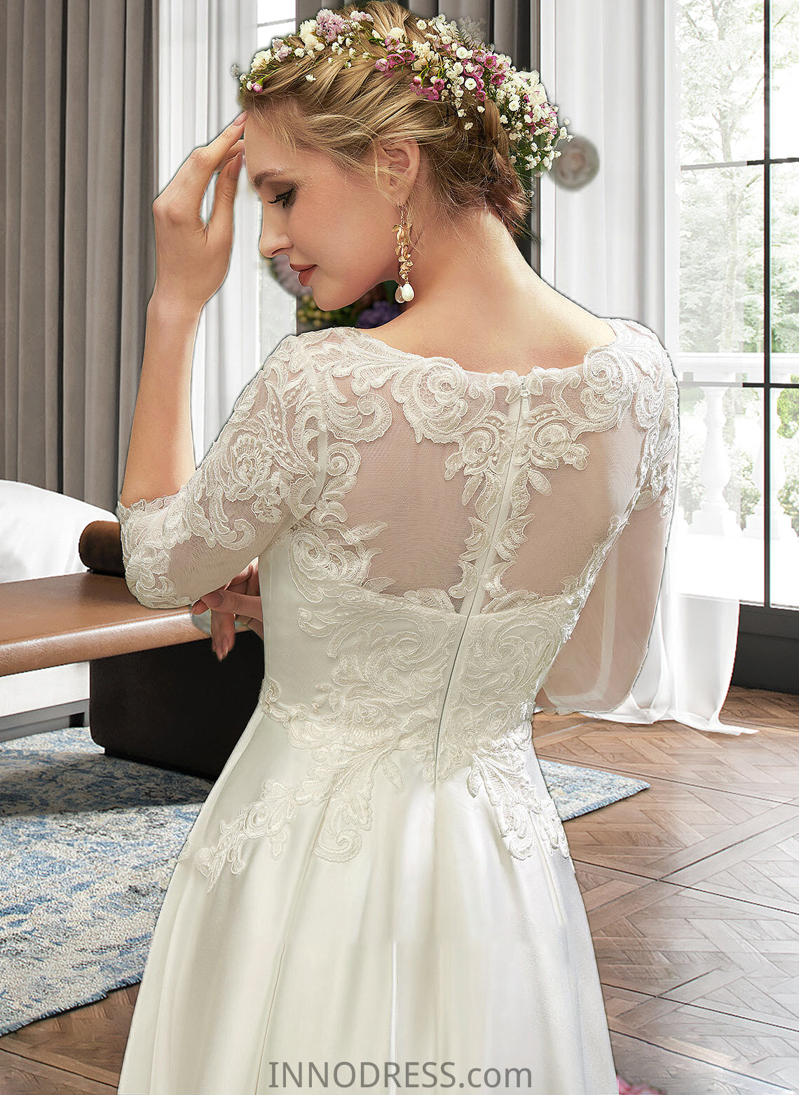 Scarlet A-Line Illusion Tea-Length Wedding Dress With Lace DPP0013741