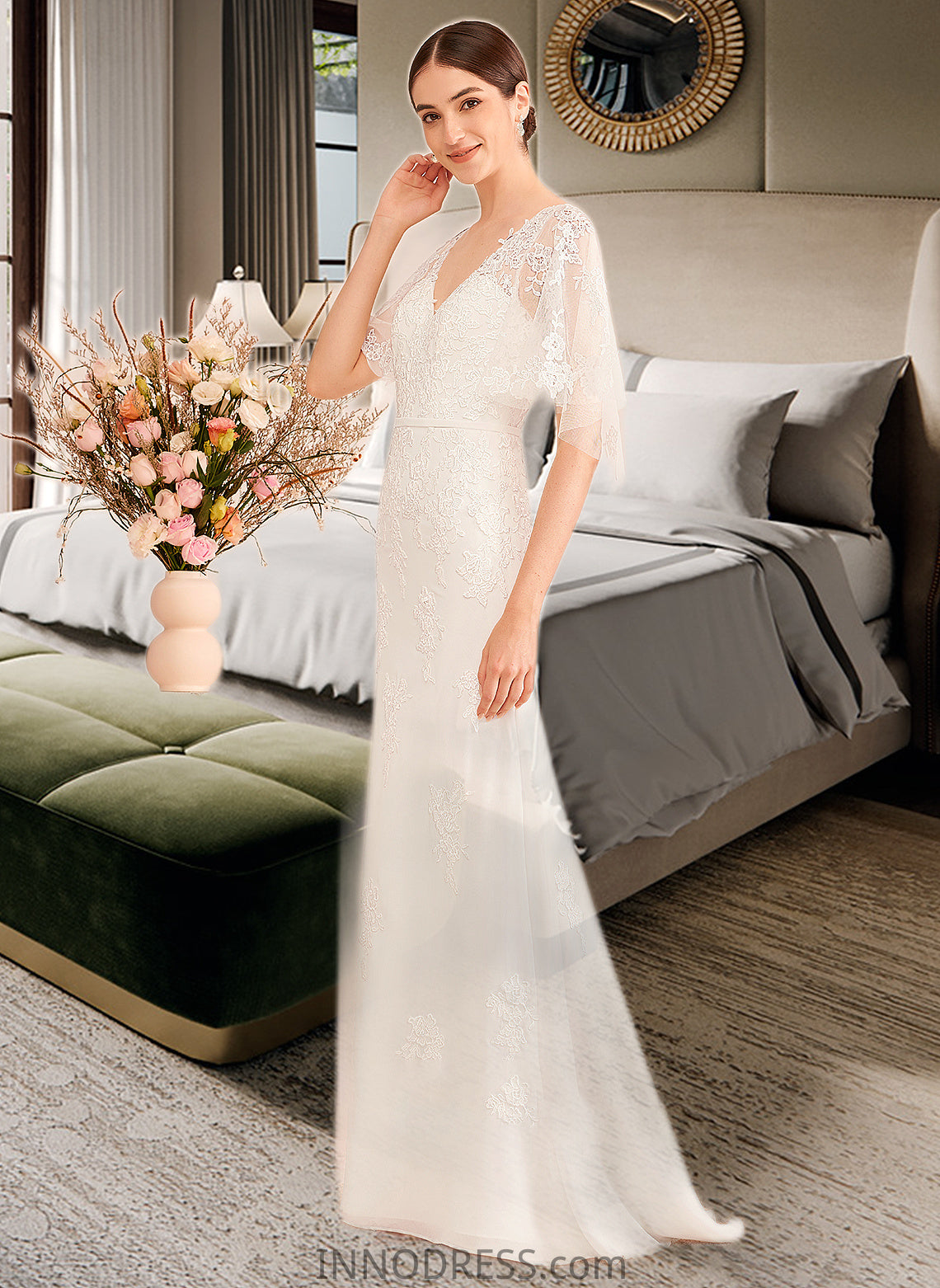 Reagan Trumpet/Mermaid V-neck Court Train Wedding Dress With Sash DPP0013744