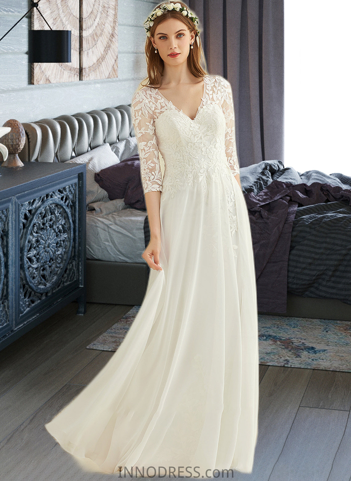 Aria A-Line V-neck Floor-Length Chiffon Lace Wedding Dress DPP0013745