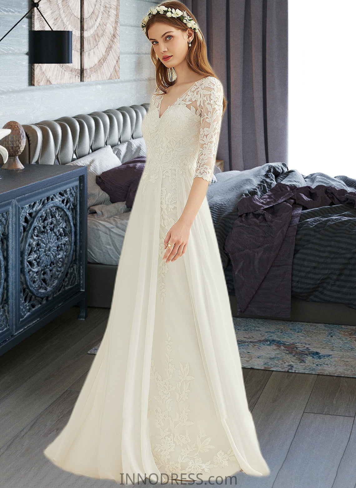 Aria A-Line V-neck Floor-Length Chiffon Lace Wedding Dress DPP0013745