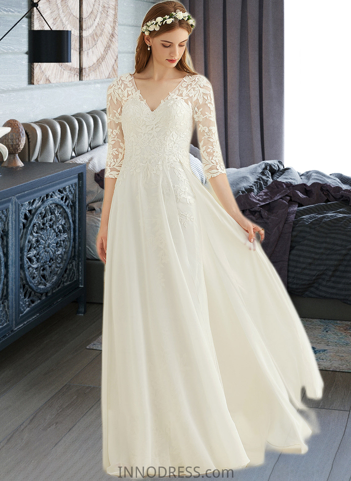 Aria A-Line V-neck Floor-Length Chiffon Lace Wedding Dress DPP0013745