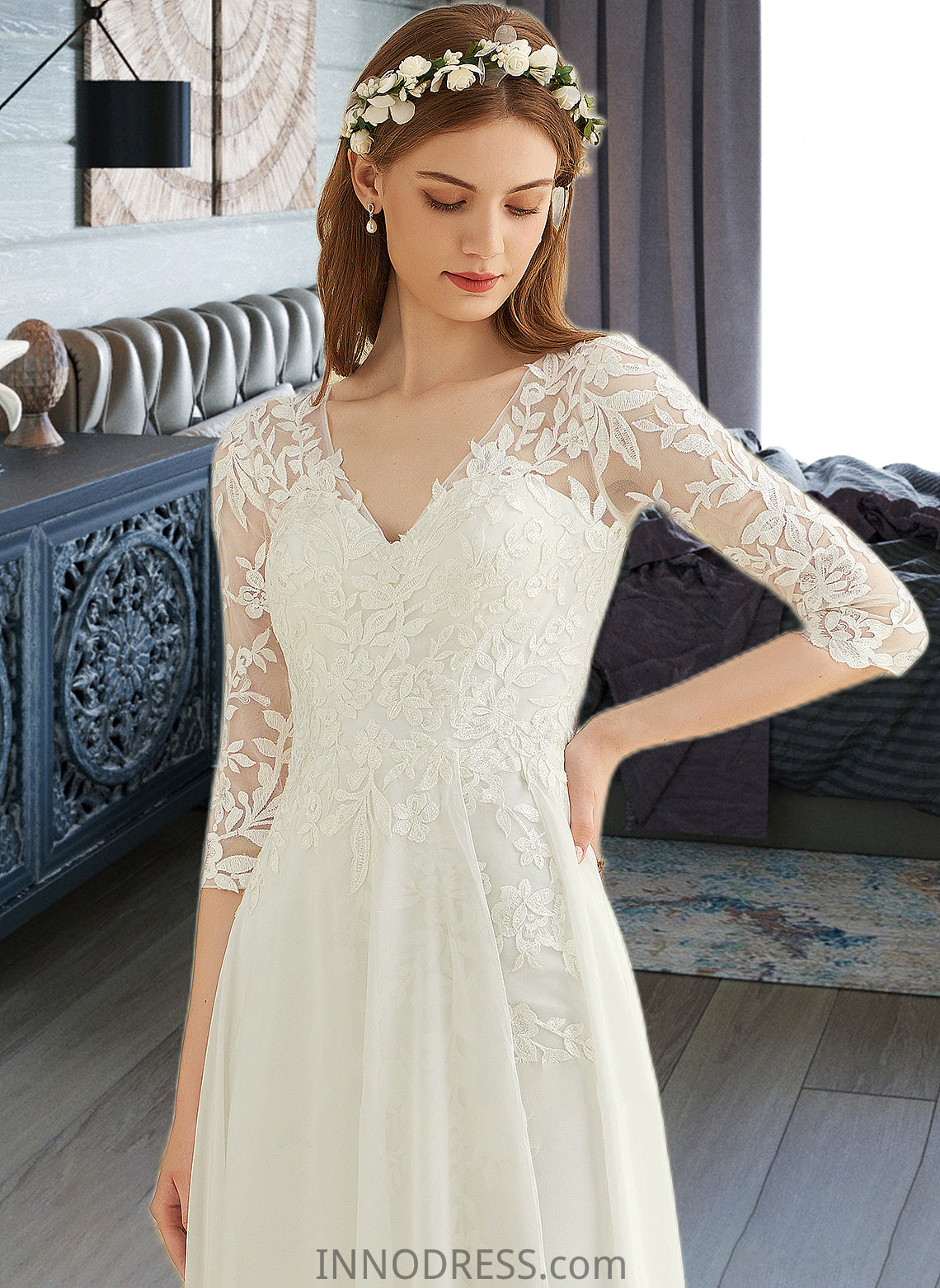 Aria A-Line V-neck Floor-Length Chiffon Lace Wedding Dress DPP0013745