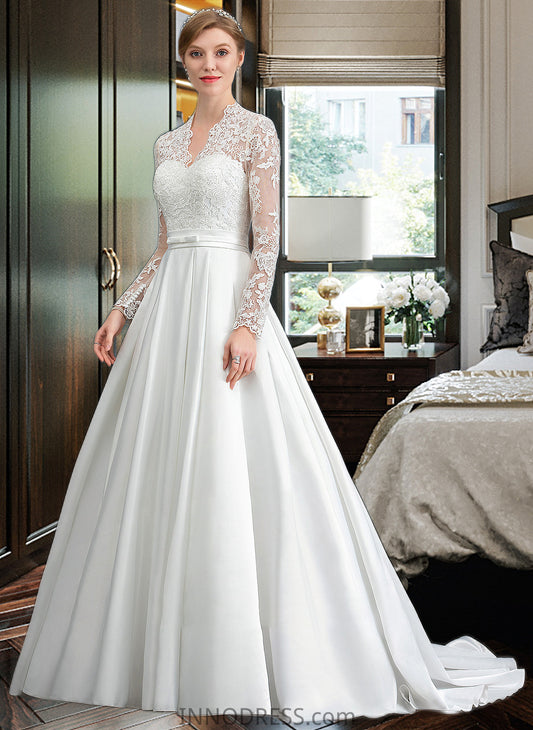 Tess Ball-Gown/Princess V-neck Court Train Satin Wedding Dress With Bow(s) DPP0013746