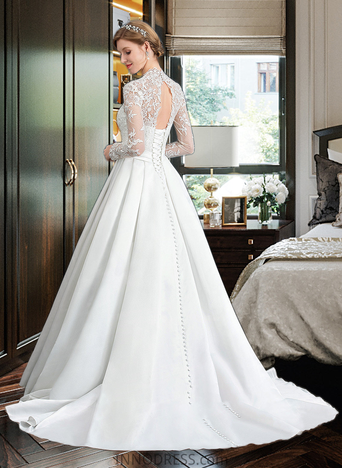 Tess Ball-Gown/Princess V-neck Court Train Satin Wedding Dress With Bow(s) DPP0013746