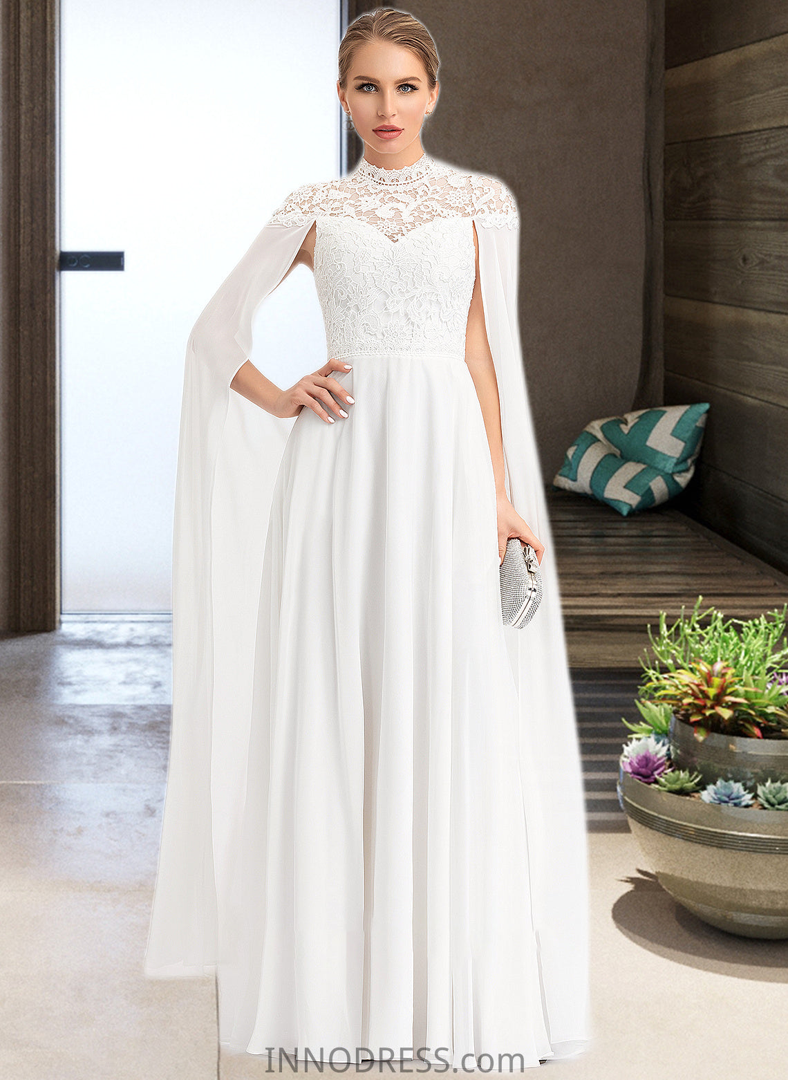 Marilyn A-Line High Neck Floor-Length Chiffon Wedding Dress DPP0013748