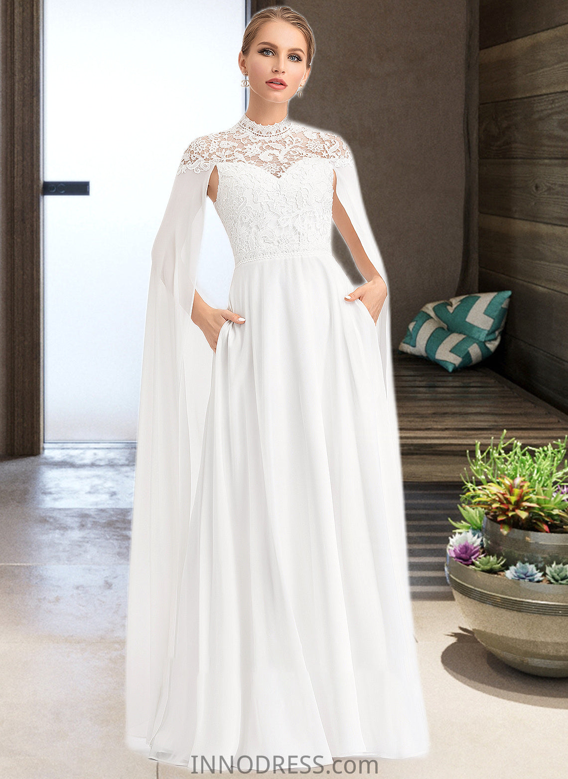 Marilyn A-Line High Neck Floor-Length Chiffon Wedding Dress DPP0013748