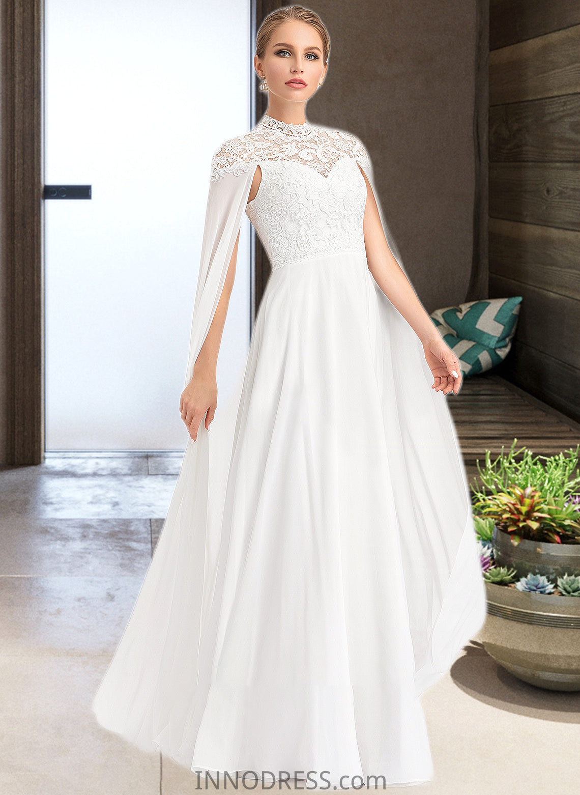 Marilyn A-Line High Neck Floor-Length Chiffon Wedding Dress DPP0013748