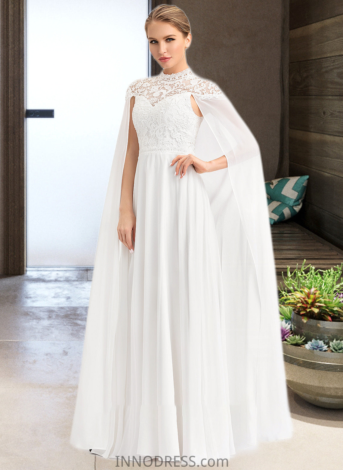 Marilyn A-Line High Neck Floor-Length Chiffon Wedding Dress DPP0013748