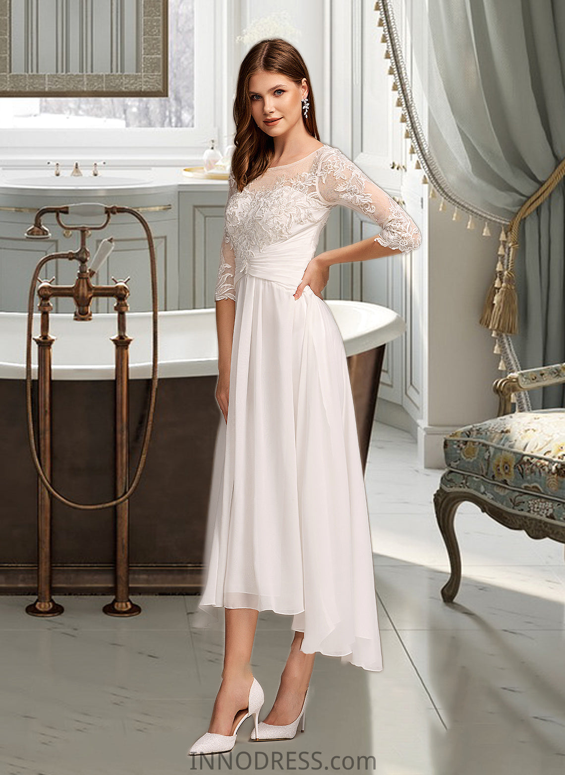 Tianna A-Line Illusion Asymmetrical Wedding Dress With Lace DPP0013749