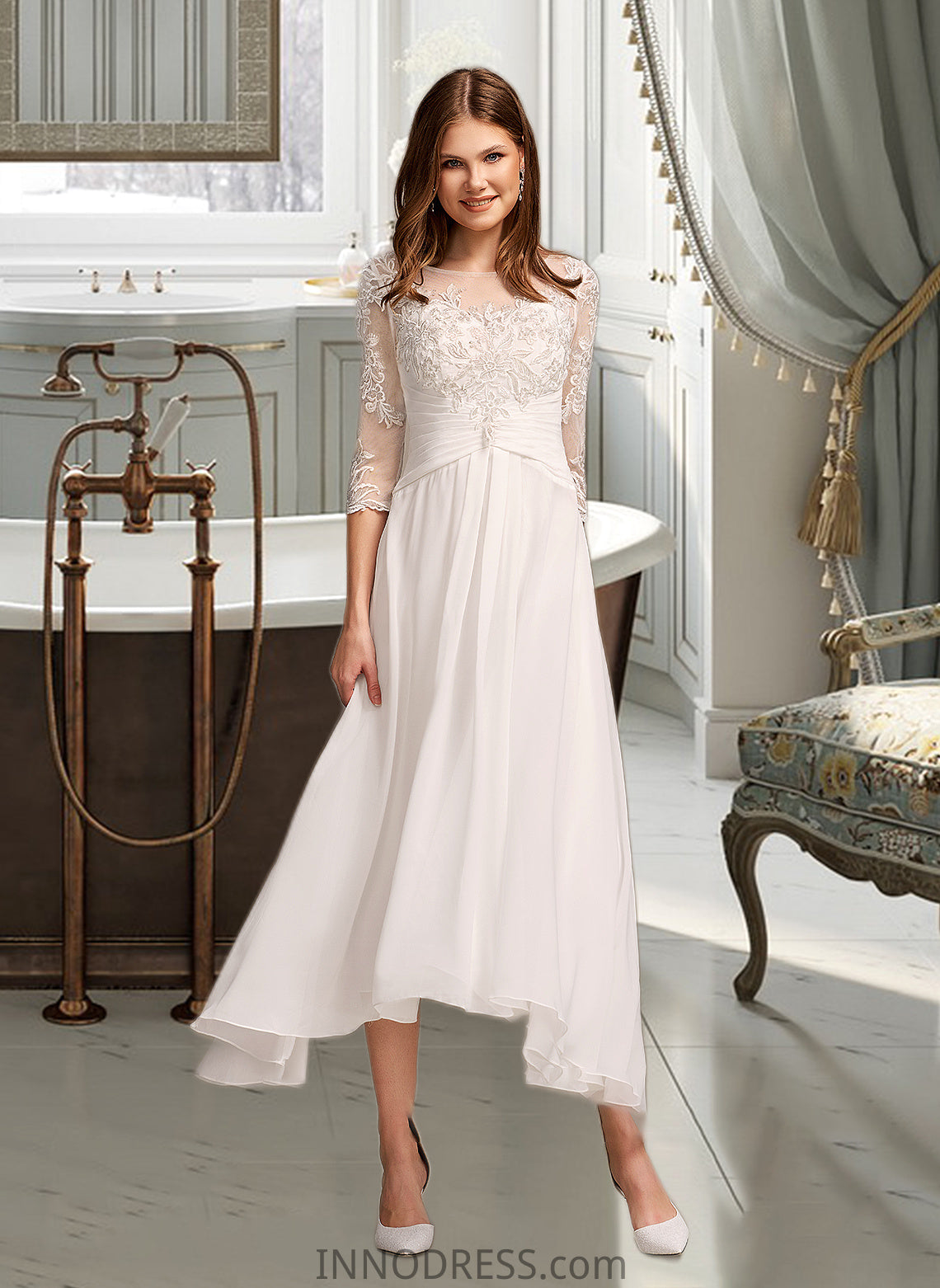 Tianna A-Line Illusion Asymmetrical Wedding Dress With Lace DPP0013749