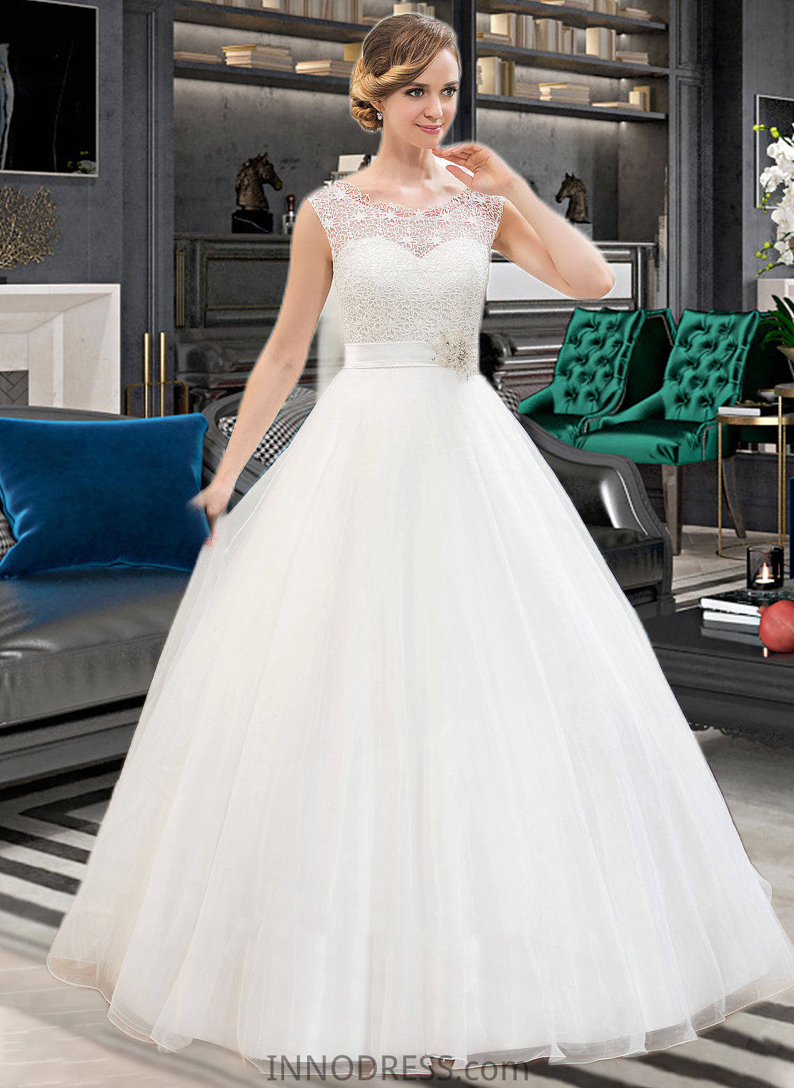 Journey Ball-Gown/Princess Scoop Neck Sweep Train Organza Lace Wedding Dress With Beading Sequins DPP0013751