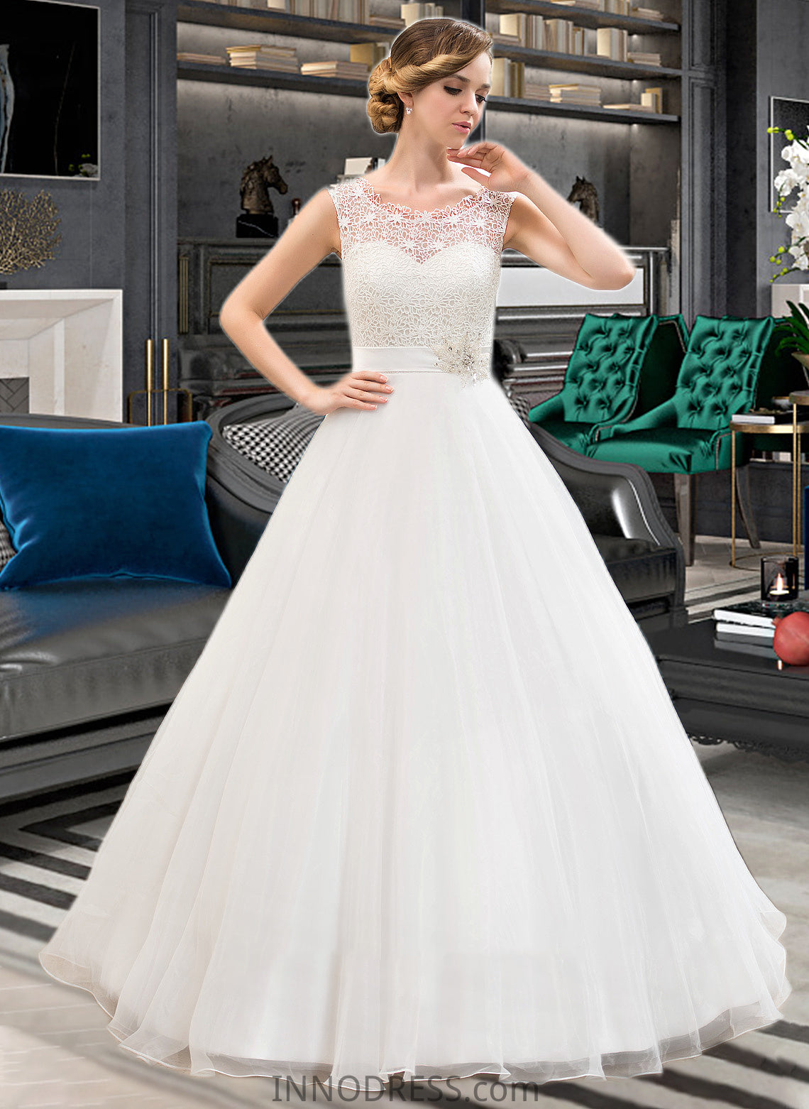 Journey Ball-Gown/Princess Scoop Neck Sweep Train Organza Lace Wedding Dress With Beading Sequins DPP0013751