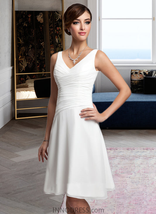 Allyson A-Line V-neck Knee-Length Chiffon Wedding Dress With Ruffle Beading Sequins DPP0013752