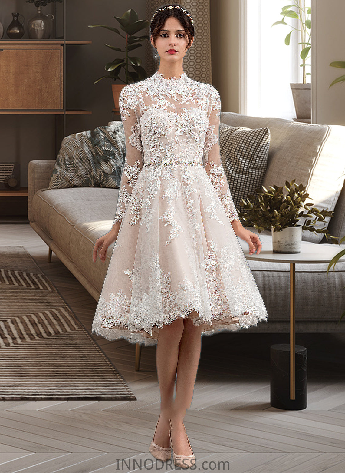 Makaila A-Line Illusion Knee-Length Lace Wedding Dress DPP0013754