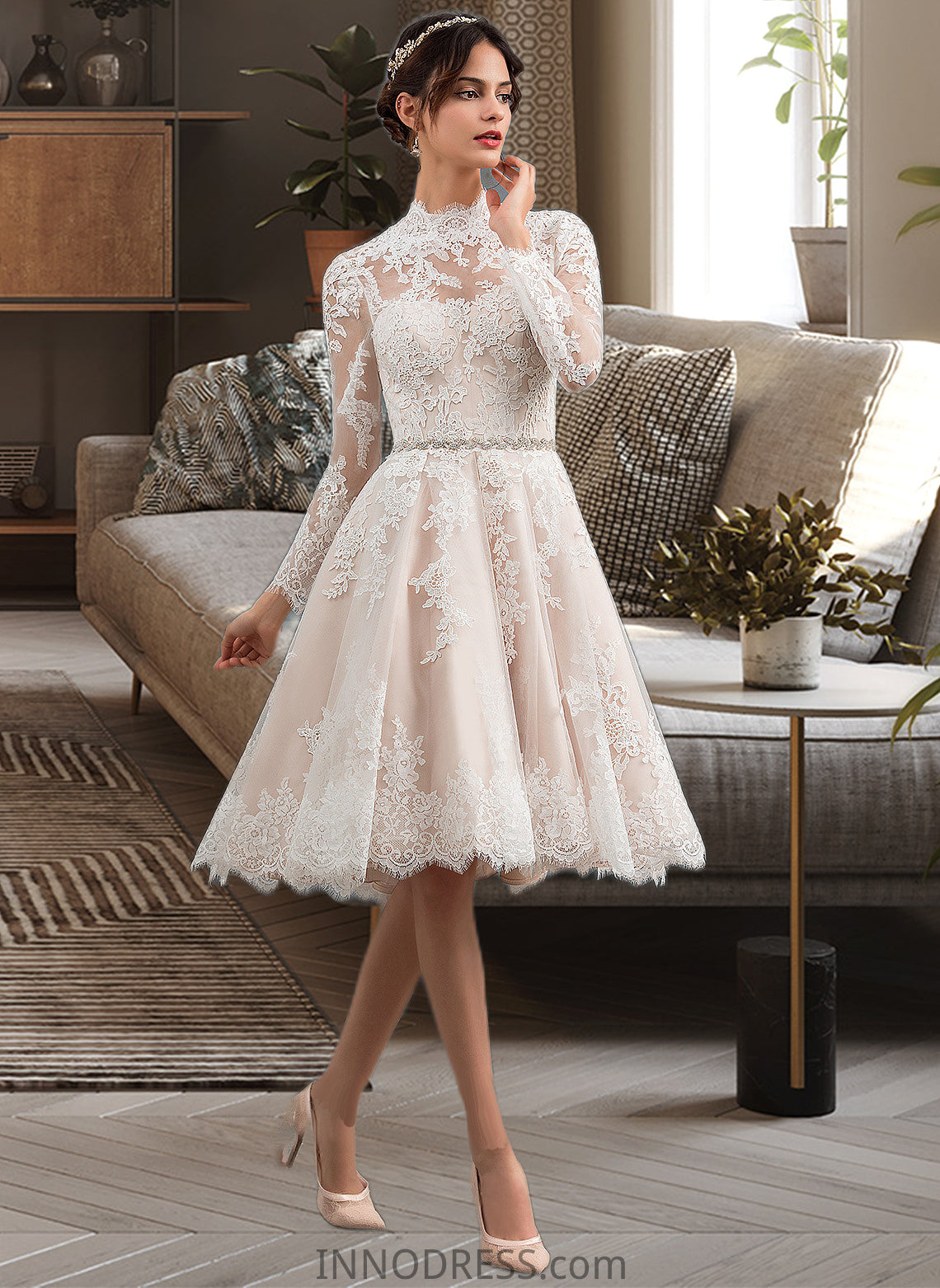 Makaila A-Line Illusion Knee-Length Lace Wedding Dress DPP0013754