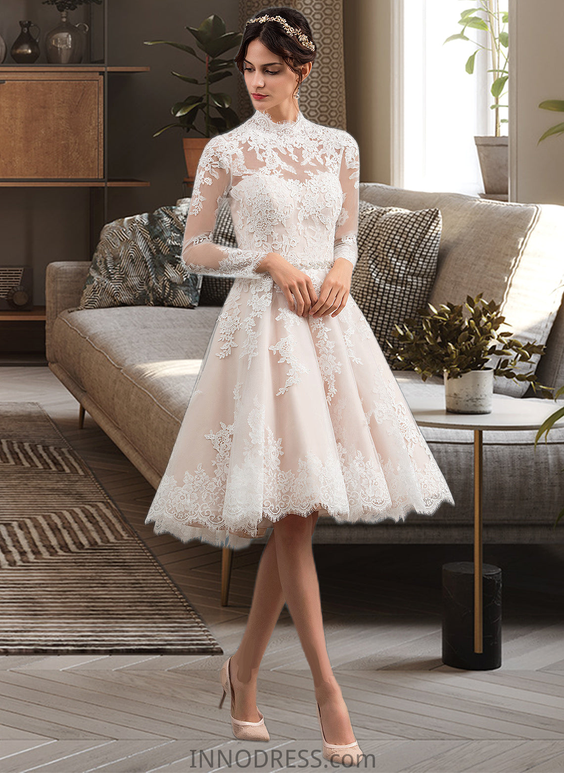 Makaila A-Line Illusion Knee-Length Lace Wedding Dress DPP0013754