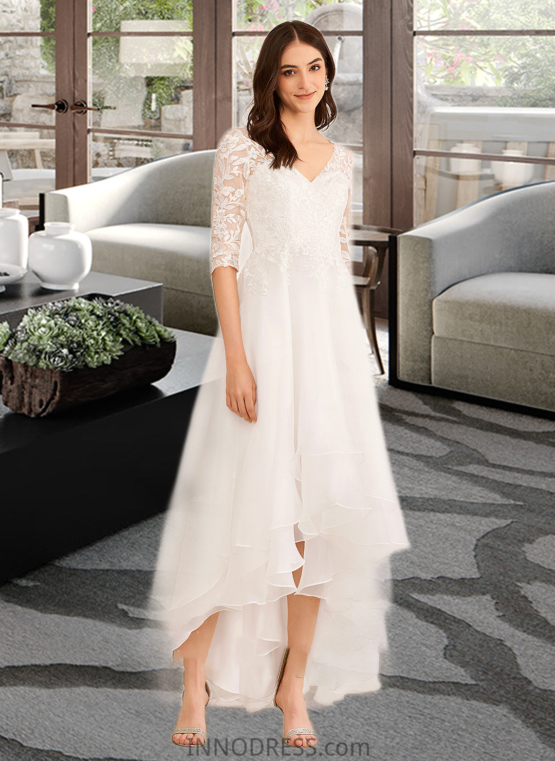 Kamila A-Line V-neck Asymmetrical Wedding Dress With Beading Sequins DPP0013755