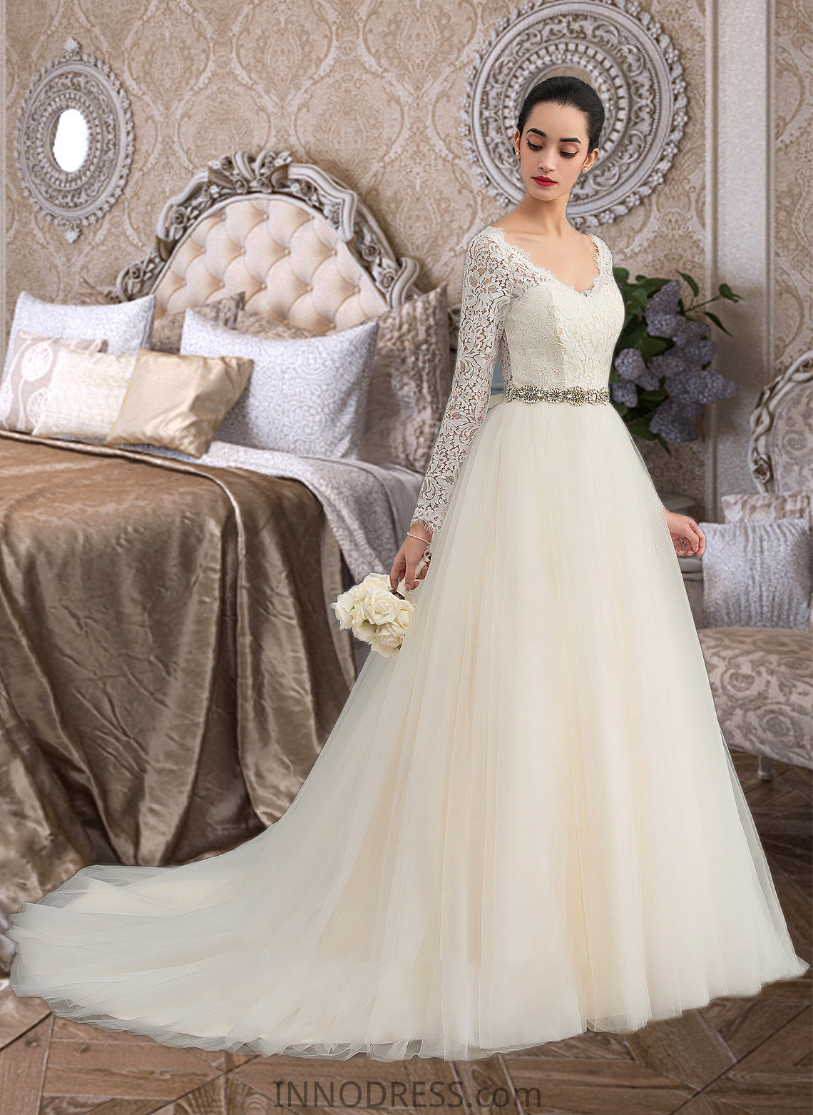 Lizeth Ball-Gown/Princess V-neck Court Train Tulle Lace Wedding Dress DPP0013756