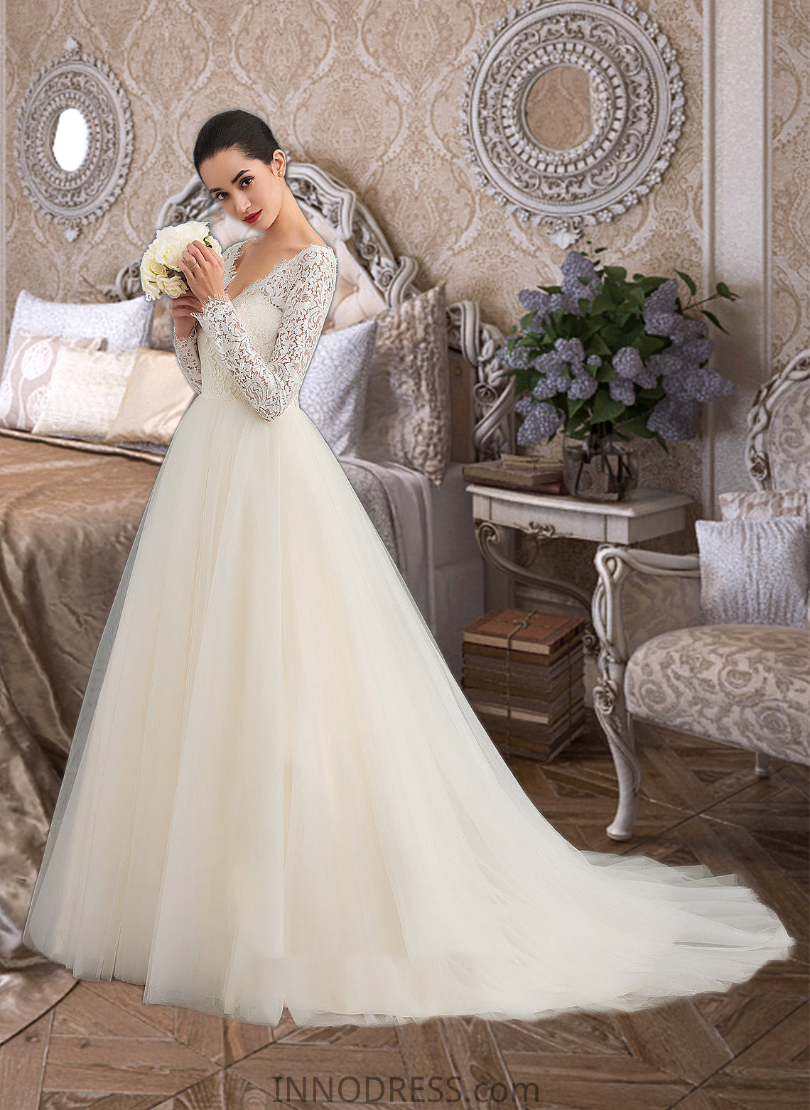 Lizeth Ball-Gown/Princess V-neck Court Train Tulle Lace Wedding Dress DPP0013756