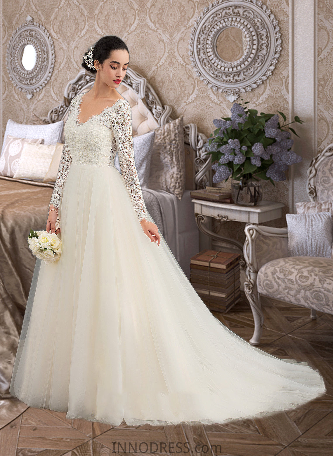 Lizeth Ball-Gown/Princess V-neck Court Train Tulle Lace Wedding Dress DPP0013756