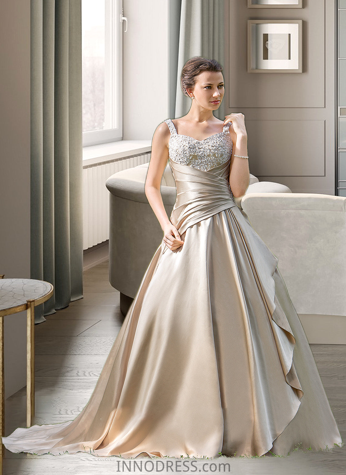 Ayla Ball-Gown/Princess Sweetheart Court Train Satin Wedding Dress With Ruffle Beading Appliques Lace Cascading Ruffles DPP0013757