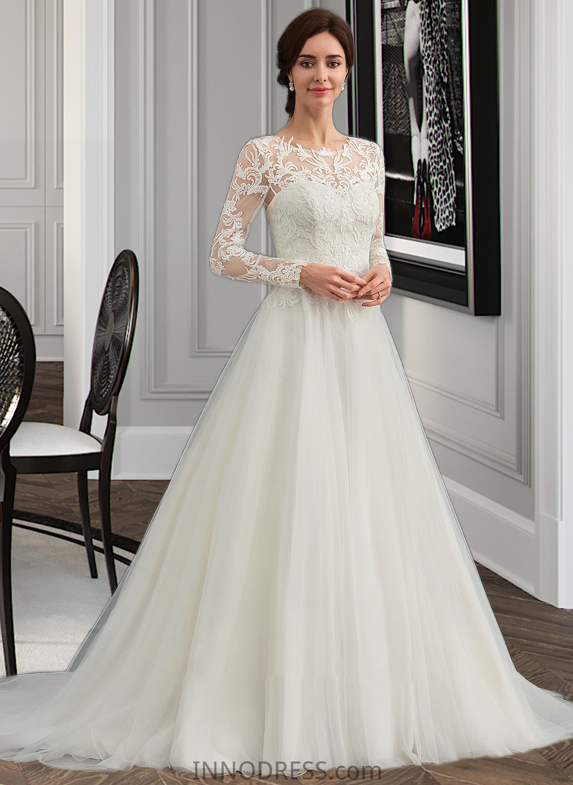 Jaylen Ball-Gown/Princess Scoop Neck Sweep Train Tulle Wedding Dress DPP0013759