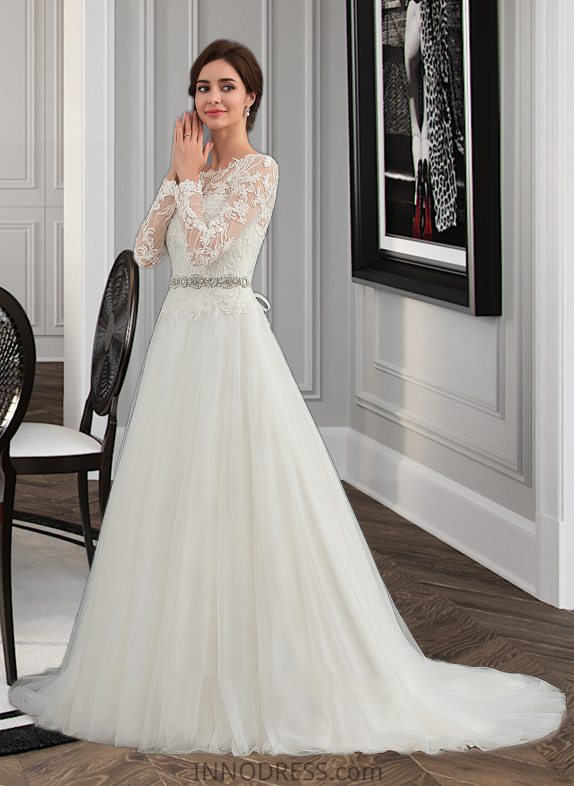 Jaylen Ball-Gown/Princess Scoop Neck Sweep Train Tulle Wedding Dress DPP0013759