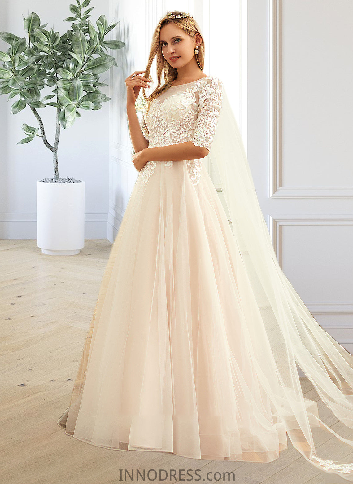 Ansley Ball-Gown/Princess Scoop Neck Sweep Train Tulle Lace Wedding Dress DPP0013760