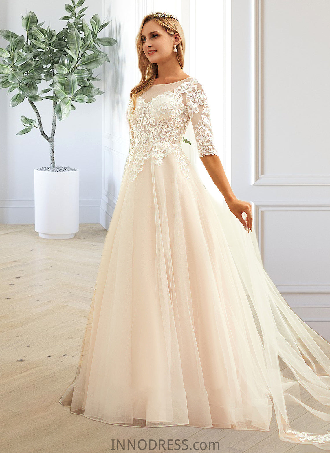 Ansley Ball-Gown/Princess Scoop Neck Sweep Train Tulle Lace Wedding Dress DPP0013760