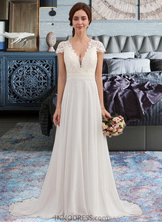 Karma A-Line V-neck Sweep Train Chiffon Wedding Dress With Ruffle DPP0013761