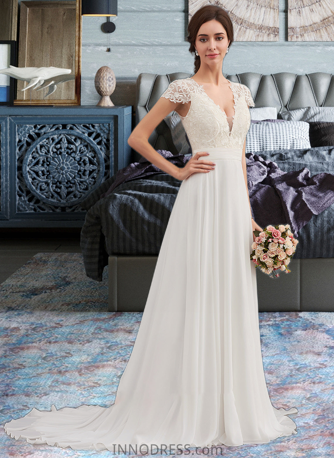 Karma A-Line V-neck Sweep Train Chiffon Wedding Dress With Ruffle DPP0013761